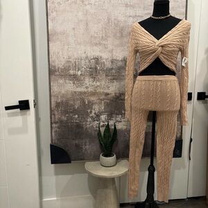 Women's Beige Cable Knit Leggings Set